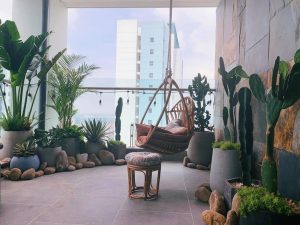 tiểu cảnh sân thượng kết hợp chậu xi măng đá mài